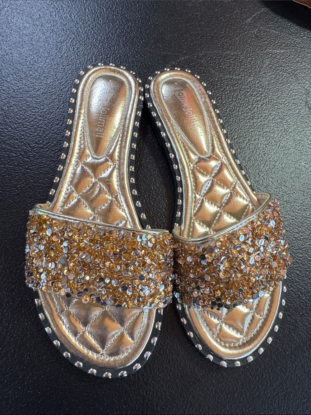 Bejeweled Gold Slide Mules with Quilted Insole